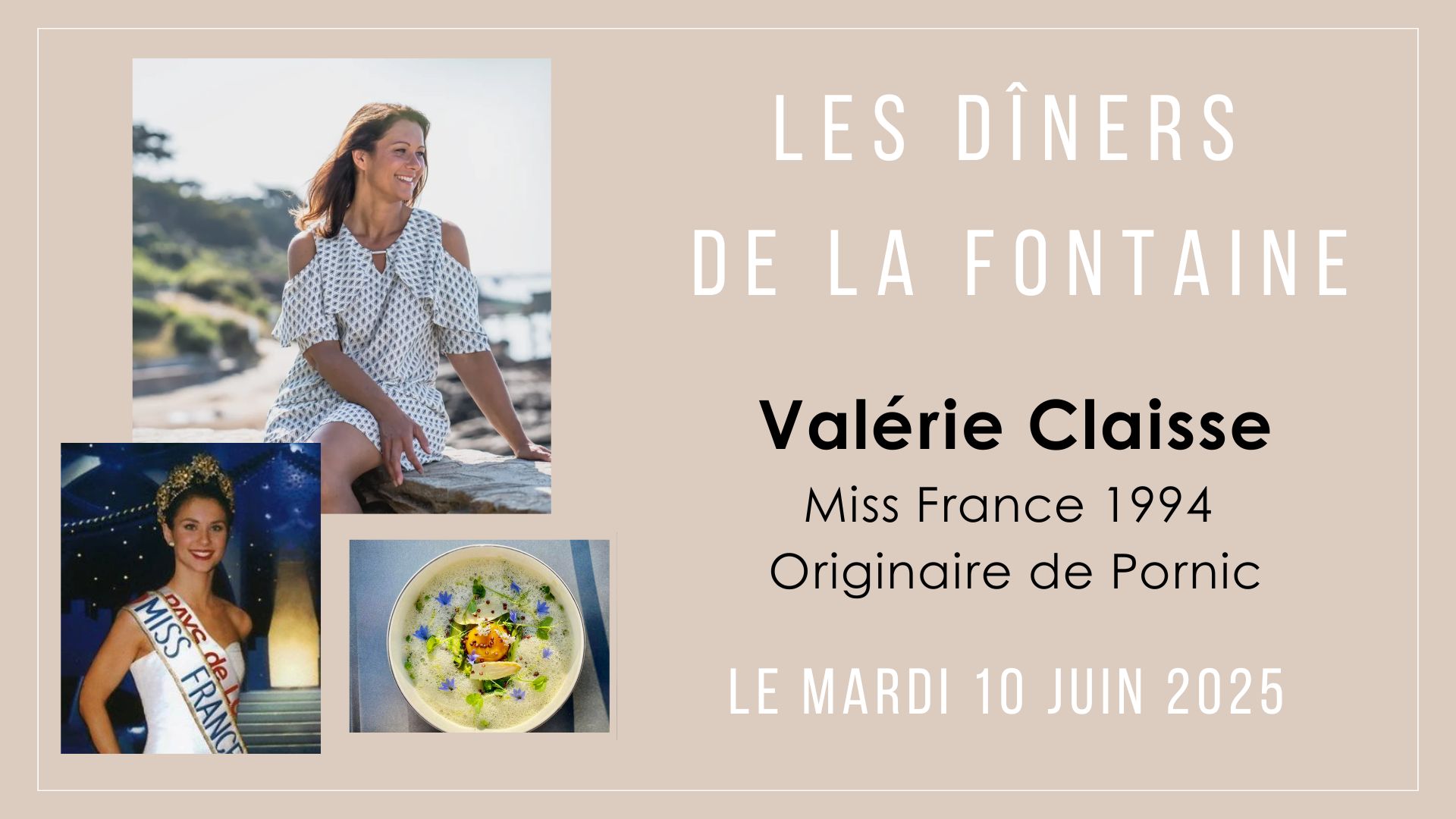 Affiche promotionnelle du "Dîner de la Fontaine" avec Valérie Claisse, organisé à l'Éco-Domaine La Fontaine, mardi 10 juin 2025.